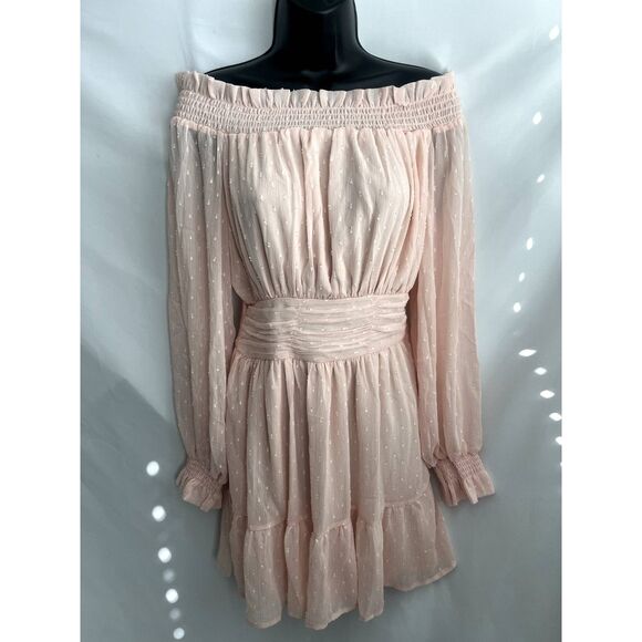Uguest NWT Blush Pink Romantic Mini Dress sz L Barbiecore Prairie Brunch Ruffles - Picture 1 of 12